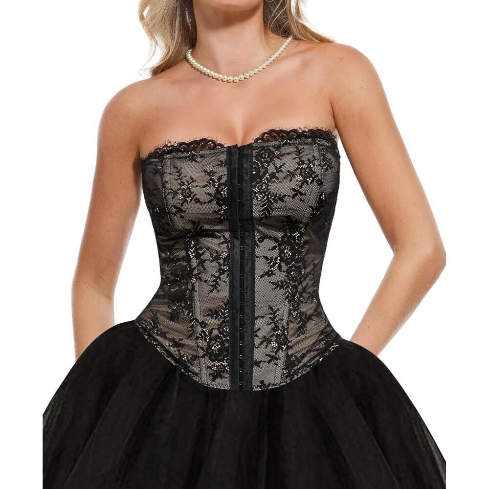 🆕Women First Skin black Shape wear Lace Corset Bustier Top with Buckle Summer